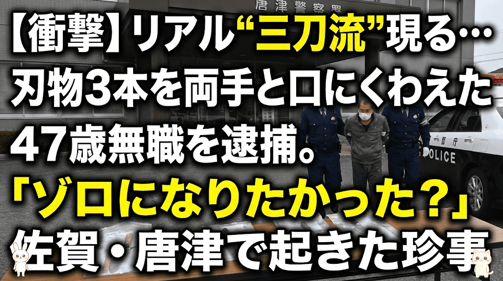 【衝撃】リアル“三刀流”現る…刃物3本を両手と口にくわえた47歳無職を逮捕。「ゾロになりたかった？」佐賀・唐津で起きた珍事