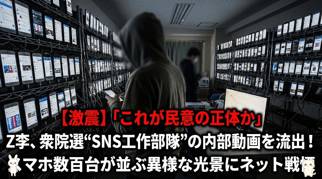 【激震】「これが民意の正体か」Z李、衆院選"SNS工作部隊"の内部動画を流出！スマホ数百台が並ぶ異様な光景にネット戦慄