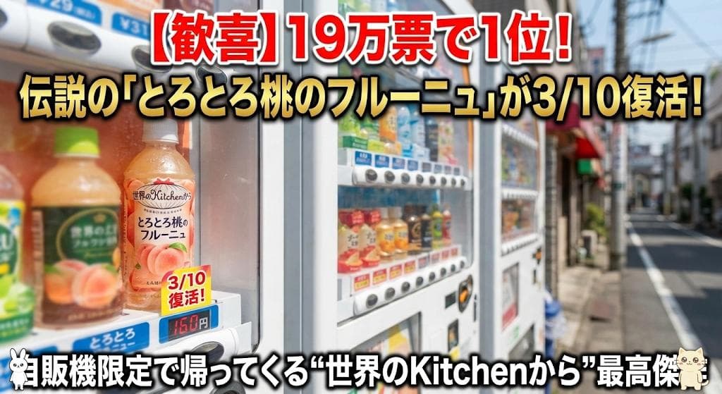 【歓喜】19万票で1位!伝説の「とろとろ桃のフルーニュ」が3/10復活!自販機限定で帰ってくる“世界のKitchenから”最高傑作