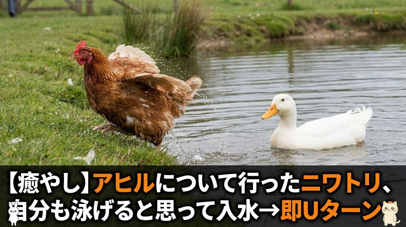 【癒やし】アヒルについて行ったニワトリ、自分も泳げると思って入水→即Uターン!心配して戻るアヒル達の優しさに涙「自分をアヒルだと思ってる?」